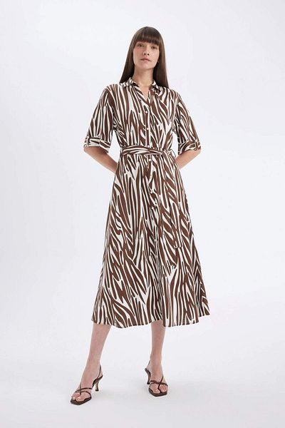 DeFacto Shirt Collar Print Linen Blend Half Sleeve Beltll Midi Dress C7094Ax24Sm