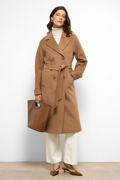 Olcay Bat Sleeve Punto Stitching Detail Cashmere Coat Kamel 3101