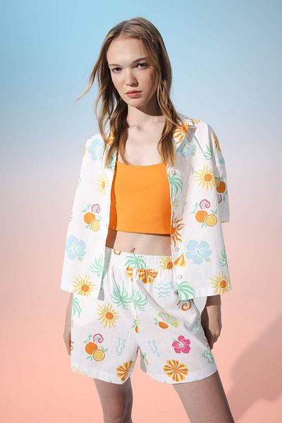 DeFacto Coool Oversize Fit Gemustertes Pyjama Kragen Kurzarm Hemd D5117ax24hs