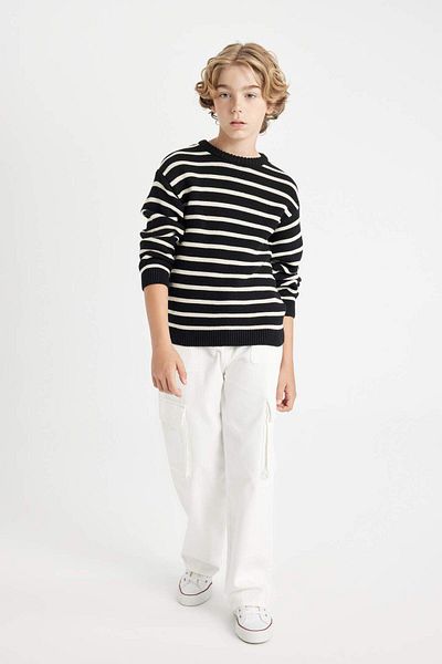 DeFacto Gestreifter Baumwoll-Strickpullover für Jungen mit Rundhalsausschnitt C2297a824wn