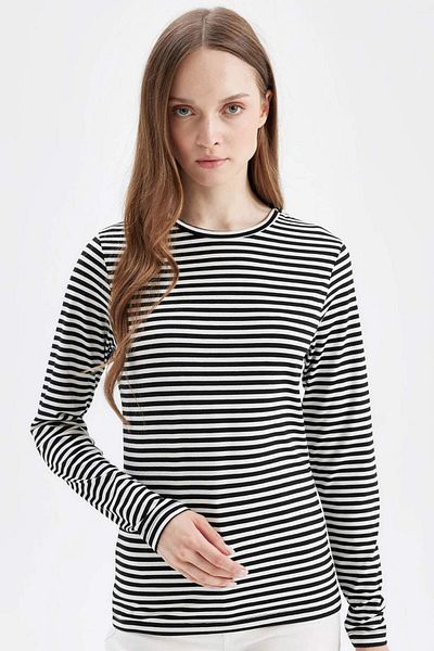 DeFacto Tricou cu mânecă lungă, cu dungi de bază, cu decolteu, tunică D5492ax24au