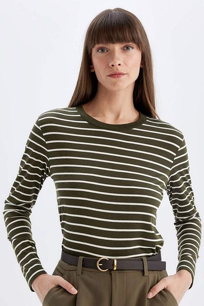DeFacto Regular Fit Rundhalsausschnitt Gestreiftes, lässiges Langarm-T-Shirt A9254ax24au