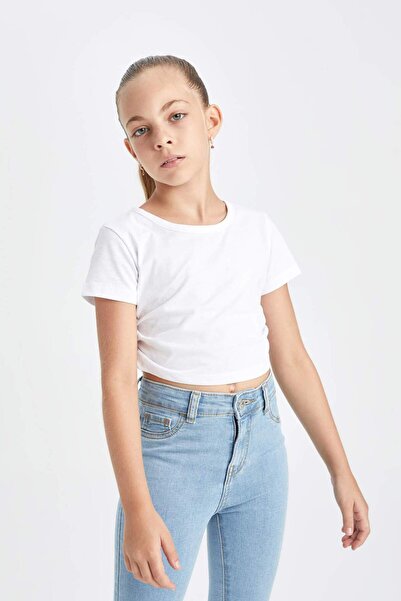 DeFacto Girls' Crop Crew Neck Basic Plain Short Sleeve T-Shirt D1838A824Hs