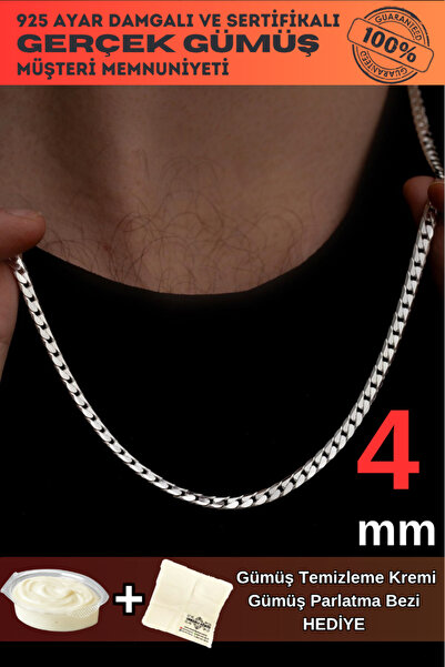 OSMANLI GÜMÜŞ Erkek Gümüş Kolye - 4mm 925 Ayar Ezme Gurmet Gümüş Kolye