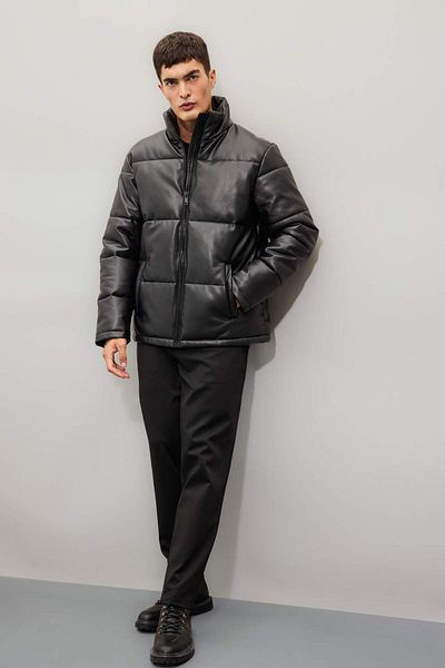 DeFacto Men's Black Puffer Leather Jacket - Water Repellent, Stand Collar, Zippered, Regular Fit C4859Ax24Wn