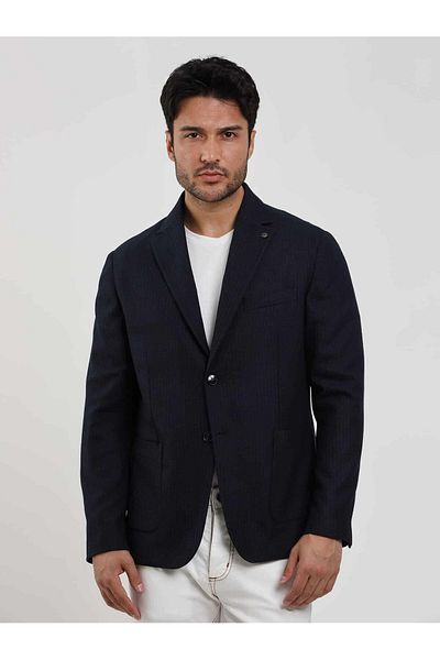 Dufy Men's Slim Fit Navy Blue Striped Mono Collar Jacket - 97108