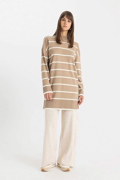 DeFacto Regular Fit Gestreifter Halbrollkragenpullover aus Strick C6029AX24AU