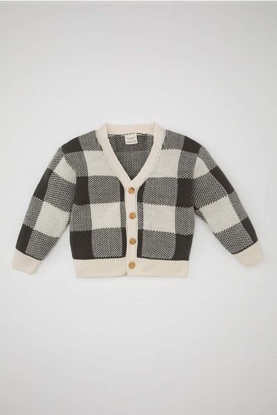 DeFacto Baby Boy Checkered V-Neck Buttoned Knitwear Cardigan A3836A524Au