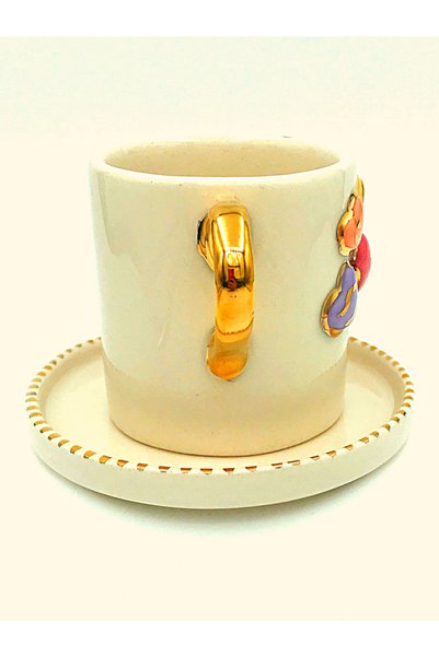 Monako Limited Edition 24 Carat Gold Embroidered Pastel Hearts Figured Handmade Double Turkish Coffee Cup