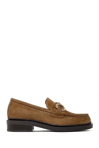 Derimod Women's Tan Buckle Suede Leather Masculine Loafer 25Afd183810