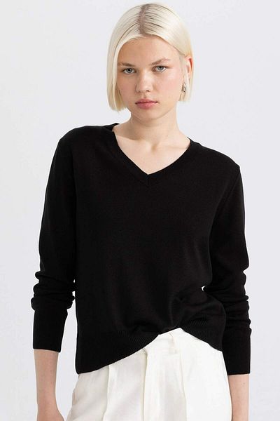 DeFacto Μαύρο πουλόβερ Relax Fit V-Neck - Μαλακή υφή C4024ax24wn