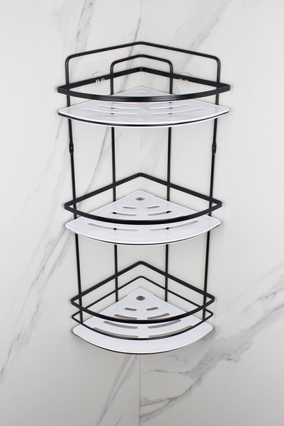 HIMYHOME Stainless Steel Crystal Shelf Black Laminate Triple Shampoo Holder Adhesive Bathroom Organizer Corner Shelf