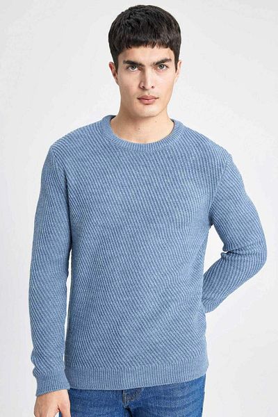 DeFacto Pulover albastru standard, cu croiala normala, cu decolteu rotund, tricotaj C0048AX24AU