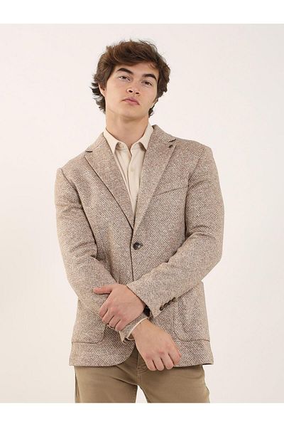 Dufy Camel Men's Slim Fit Patterned Casual Mono Collar Jacket - 94720