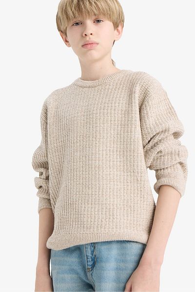 DeFacto Beigefarbener Basic-Strickpullover mit Rundhalsausschnitt für Jungen C9468a824au