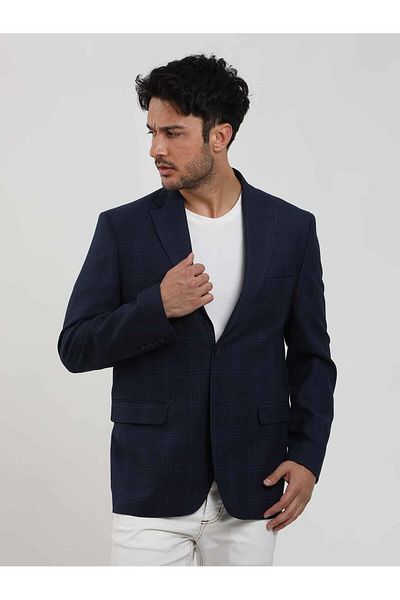 Dufy Men's Navy Blue Plaid Patterned Regular Fit Mono Collar Jacket - 84334