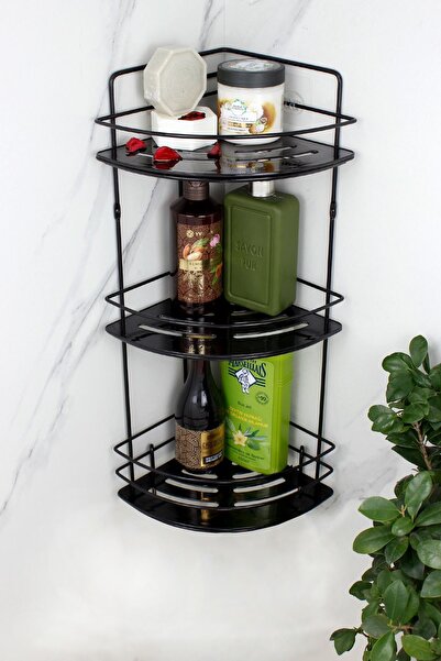 HIMYHOME رف شامبو أسود ثلاثي الأسلاك مع رف كريستالي وحامل من الفولاذ المقاوم للصدأ، رف حمام لاصق للزاوية