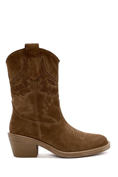Derimod Women's Mink Short Thick Heeled Suede Leather Cowboy Boots 25Afd184210