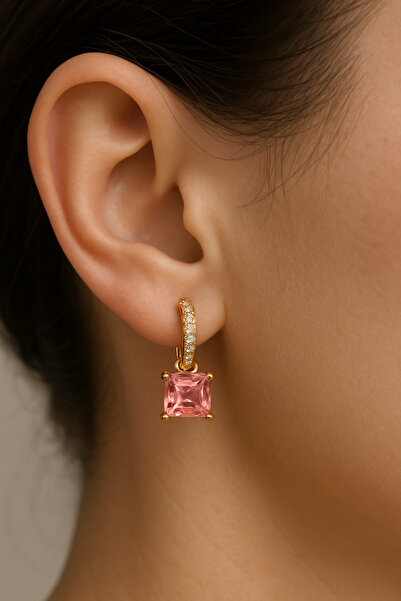 mira bujiteri Pembe Zirkon Taşlı Altın Renkli Kadın Küpe Seti