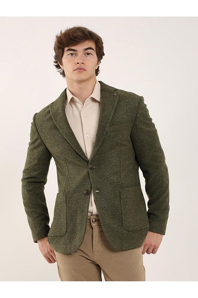Dufy Khaki Men's Slim Fit Plain Stamp Mono Collar Jacket - 96580