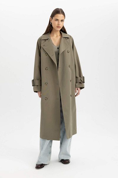 DeFacto Waterproof Long Trench Coat Wide Fit Double Breasted Lapel Buttoned Epaulet Belted Seasonal B1818Ax24Au
