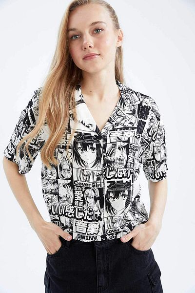 DeFacto Cămașă cu mânecă scurtă, cu model, cu guler de pijama, cu formă regulată - Z1663AZ23SM