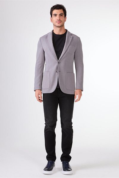 Dufy Men's Slim Fit Gray Herringbone Patterned Mono Collar Jacket -104447