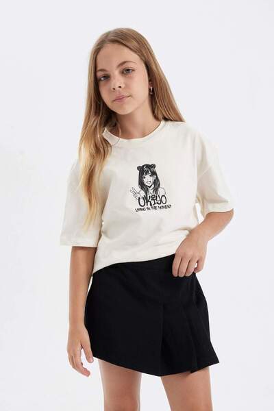 DeFacto Girls' 2-Piece Set Printed Short-Sleeved T-Shirt Top Shorts Skirt Bottom D4759A824Hs