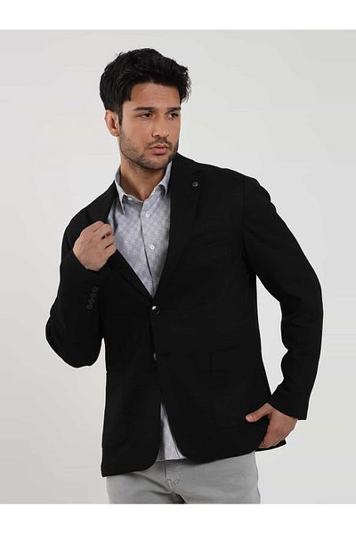 Dufy Men's Slim Fit Black Mono Collar Jacket - Dobby, Casual - 97170
