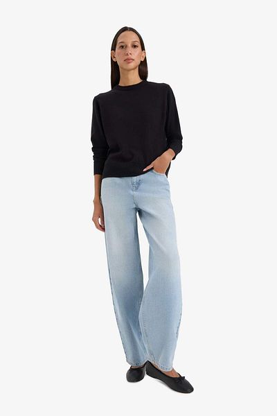 DeFacto Black Regular Fit Soft Textured Crew Neck Basic Plain Knitwear Sweater C0058Ax24Wn