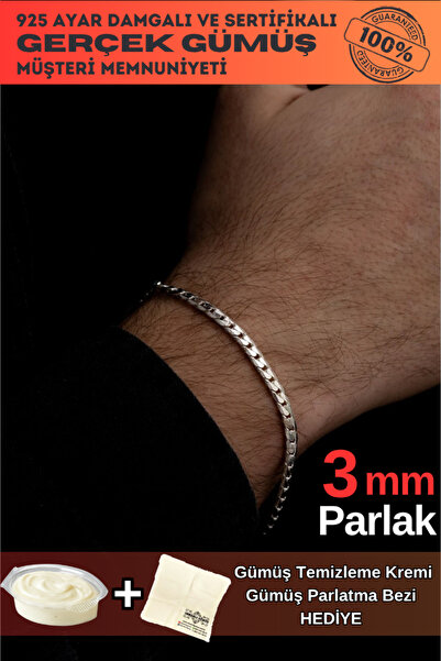 OSMANLI GÜMÜŞ Erkek Gümüş Bileklik - 925 Ayar 3mm Ezme Gurmet Gümüş Bileklik
