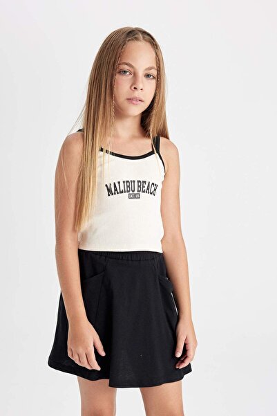 DeFacto Kız Çocuk 2li Takım Baskılı Askılı Atlet Üst Beli Lastikli Cepli Etek Alt D2958A824HS