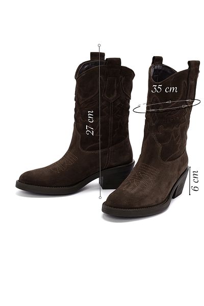 Derimod Women's Brown Short Thick Heeled Suede Leather Cowboy Boots 25Afd184210