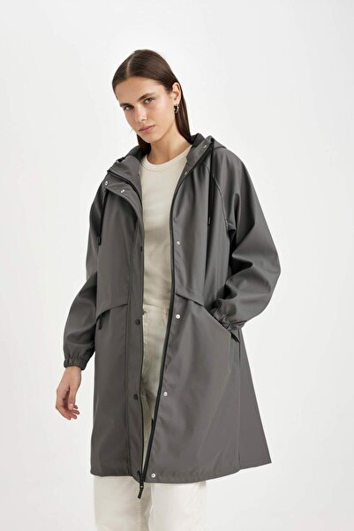 DeFacto Long Raincoat - Water Repellent, Hood, Windproof, Zip-Up and Pocket C0908Ax24Au