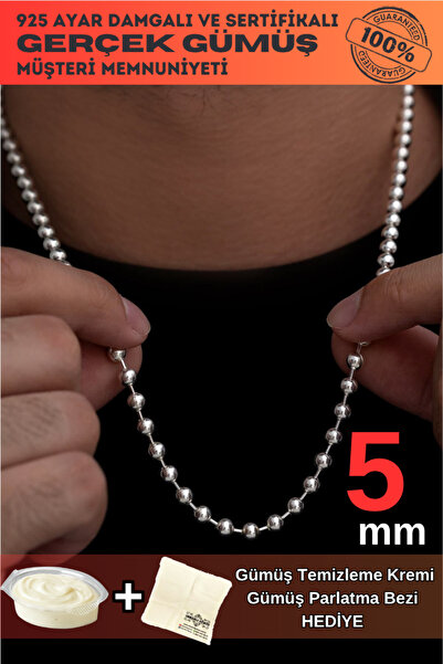 OSMANLI GÜMÜŞ Erkek Gümüş Kolye - 5mm Top Zincir Model 925 Ayar Gümüş Erkek K...