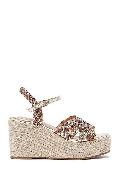 Derimod Women's Gold Ankle Buckle Wedge Heeled Knitted Sandals 25Sfe451829