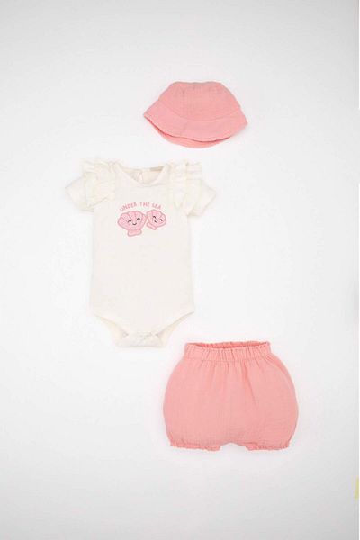 DeFacto Baby Girl 3 τεμαχίων Σετ εμπριμέ ύφασμα μουσελίνας κοντό μανίκι κορμάκι καπέλο D0789A524HS