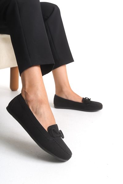 Ayakkabı Delisiyim Black Suede Women's Ballerinas – Orthopedic, Lightweight, Comfortable, Bow Accessory, Greenhouse, Casual Shoes