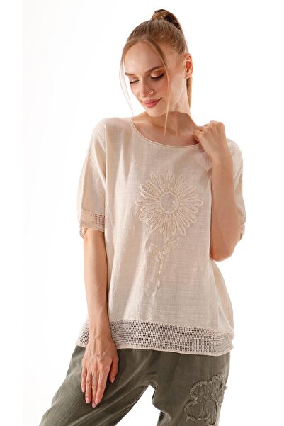 shE tekstil Bluză din in cu paiete cu flori de soare