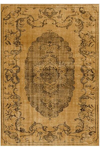 Çam Halı Çam Halı Gloria TD13104 Sarı Vintage Eskitme Desen Dokuma Saçaklı Kilim