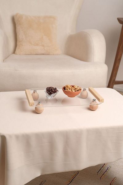 Pikas Plexiglass Transparent Decorative Tray with Wooden Ball Feet, Organizer, Presentation Rack