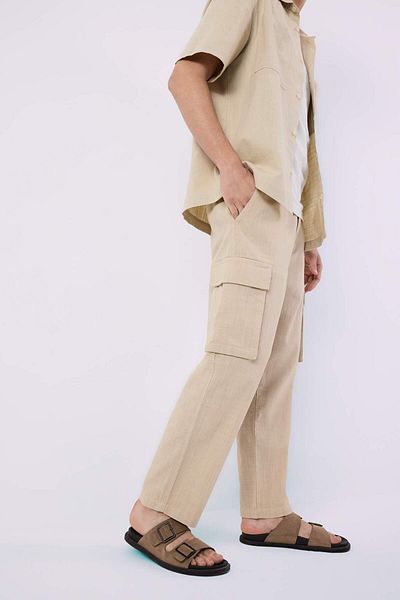 DeFacto Pantaloni cu aspect de in, cu picior lat, buzunar cargo, picior lat, larg B9407ax24sm
