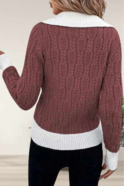 hanope Дамски пуловер с V-образно деколте за бягане, плетене на коса и канела