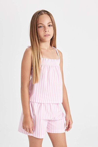 DeFacto Kız Çocuk Pijama Takımı Çizgili Askılı Üst Şort D2079A824SM