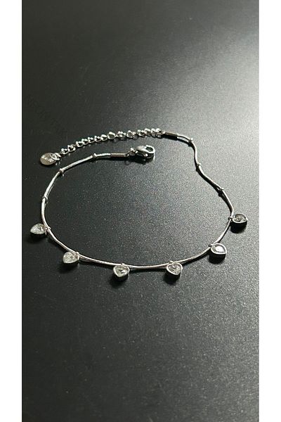 Neon Takı by Atalay Sensitivity Tag and Stone, Heart, Stainless Steel Anklet 31, Silver Color