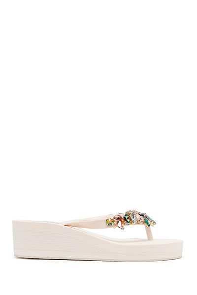 Derimod Women's White Flip Flops Stone Wedge Heel Jelly Slippers 25Sfe4921Pv