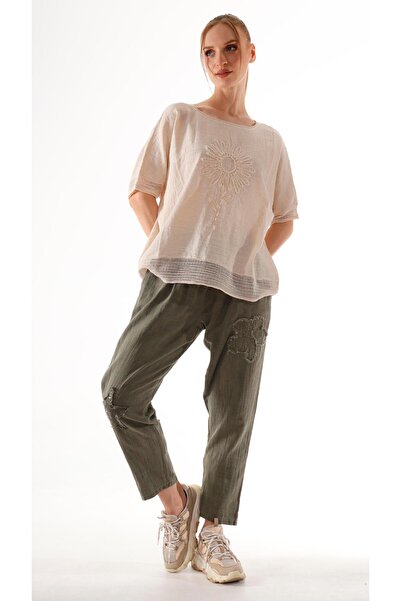 shE tekstil Bluză din in cu paiete cu flori de soare