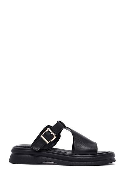 Derimod Women's Black Buckle Leather Slippers 25Sfd350818