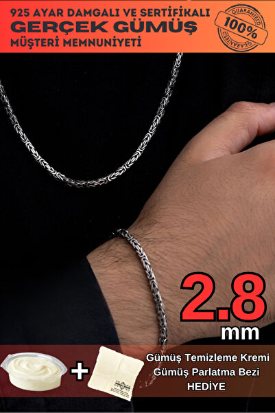 OSMANLI GÜMÜŞ Erkek Gümüş Kolye Bileklik Set - 2.8mm 925 Ayar Gümüş Kare Kral...