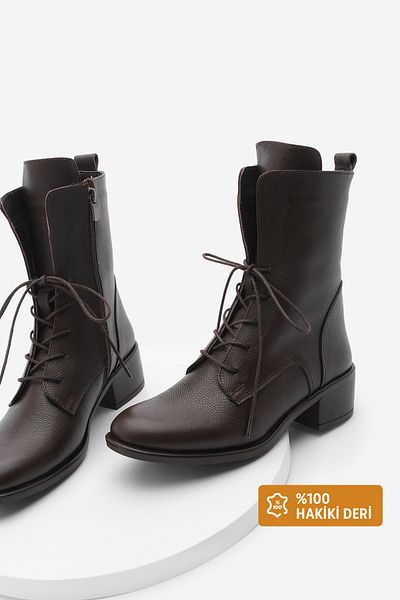 Marjin Damenstiefel aus echtem Leder – Schnürung und Reißverschluss, Mekin Brown Daily Classic